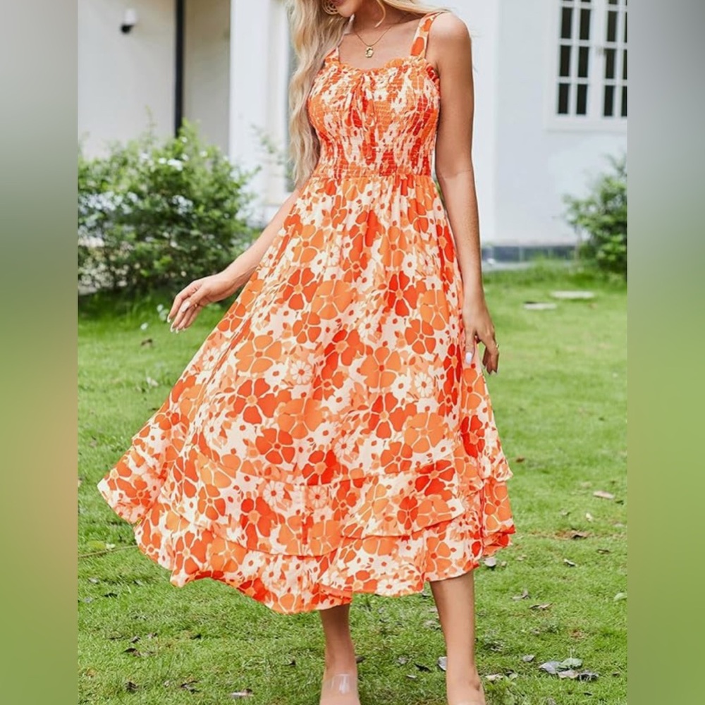 NEW WITH TAGS! 🔥 Feminine Flowy Grace Karin Orange Ruffled Maxi Sundress